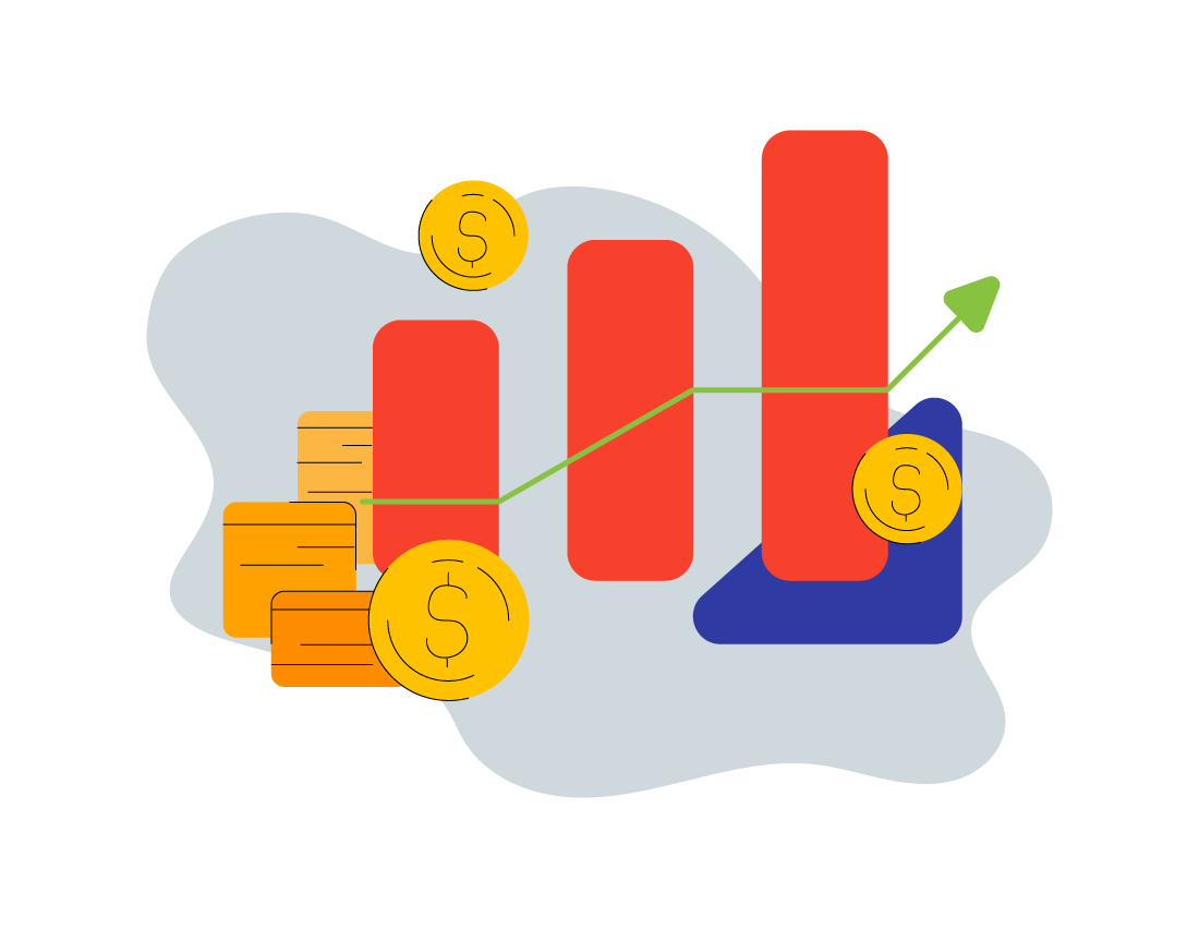 Bar graph with arrow surrounded by coins, links to Finance course 